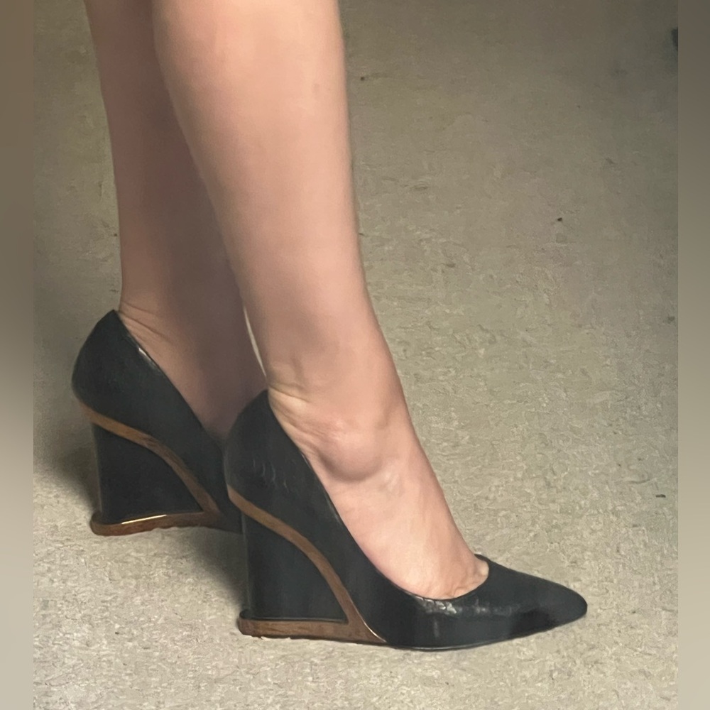 Bcbg Black and Gold Wedge Pointed-Toe Women's Heels